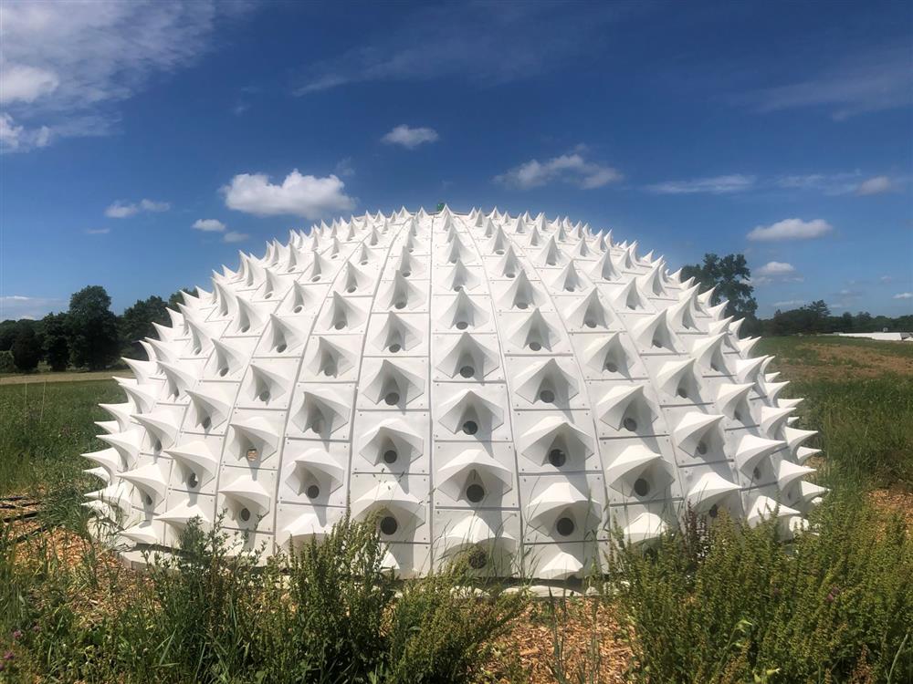 Pollinators Pavilion at Old Mud Creek Farm, Hudson, NY, 2020 by Harrison Atelier. The form is intended to recall a spiky grain of pollen and a bee’s bristling compound eye, highlighting the manner in which bringing a species into greater visibility may generate greater ethical regard. Credit: Harrison Atelier. 